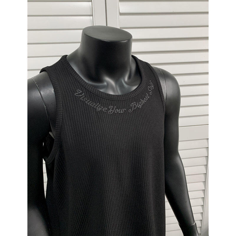 夏季美式宽松坑条无袖T恤夏装高街绣花背心男装坎肩