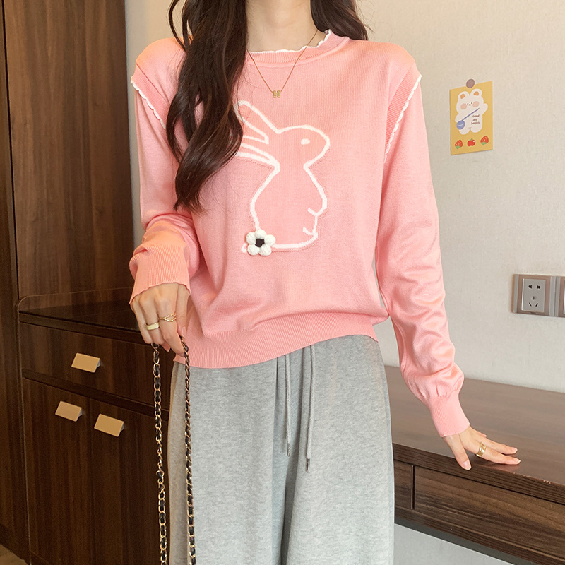 秋冬设计感卡通洋气圆领针织打底衫女内搭修身显瘦长袖上衣