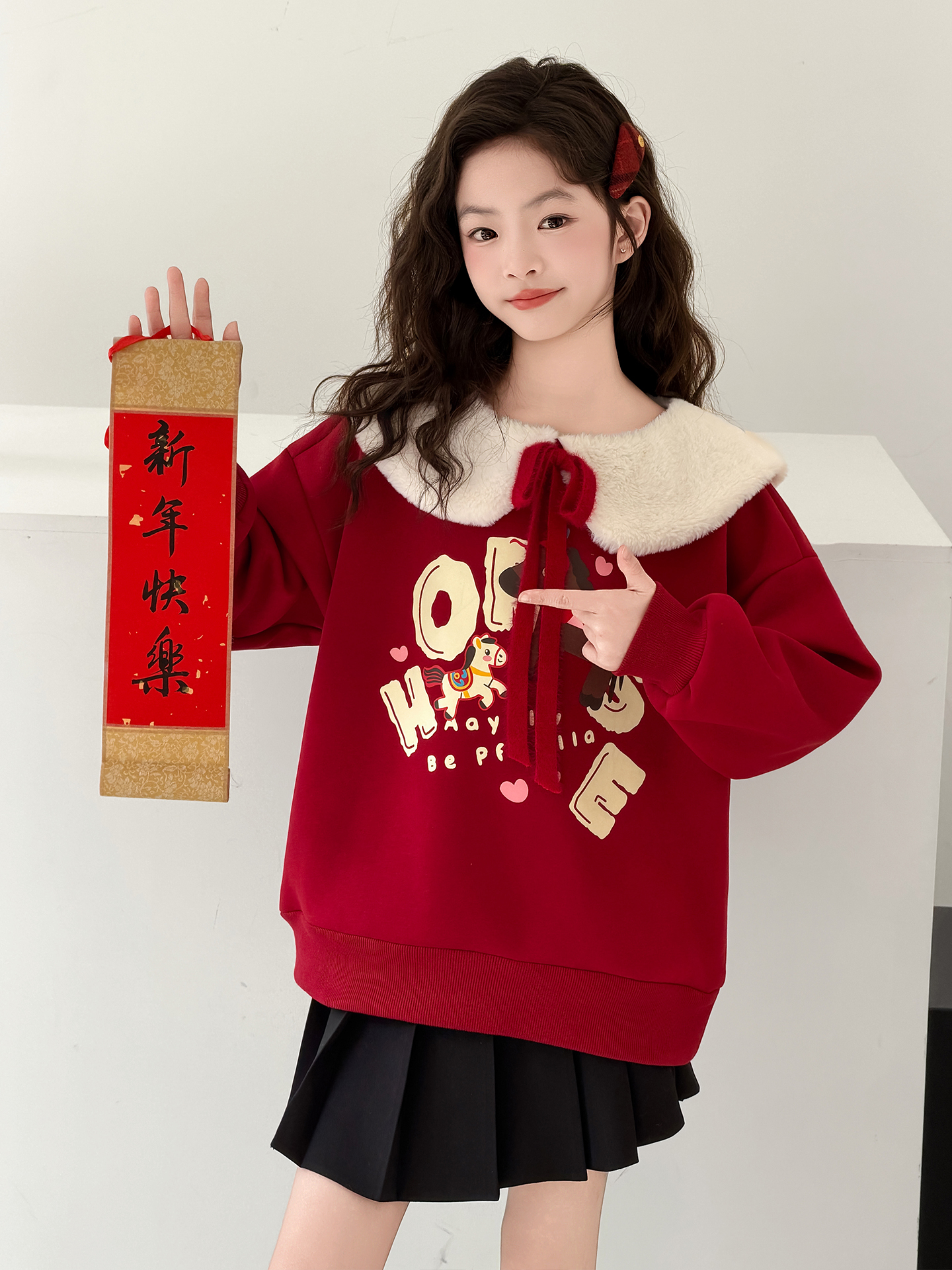 女童红色卫衣2025新款女孩冬季加绒新年拜年服儿童加厚冬装上衣