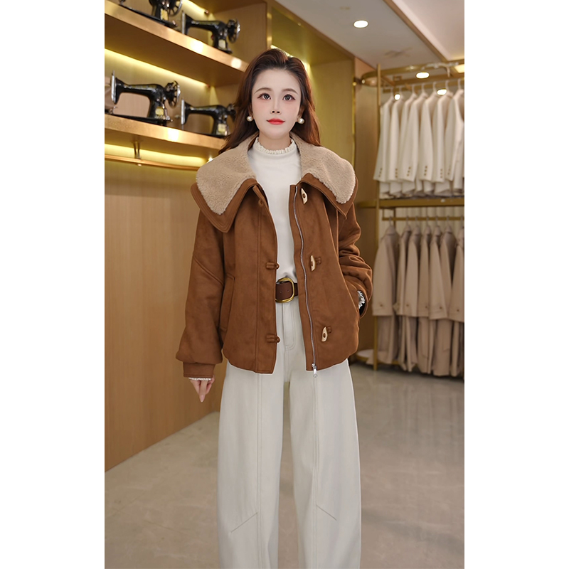 2025冬季保暖减龄上衣韩版百搭3162翻毛领加绒短款麂皮绒外套