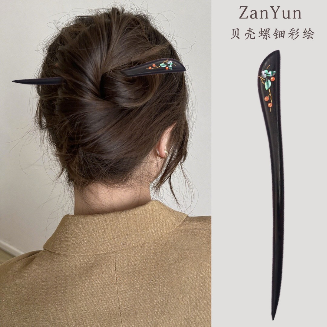 簪韵螺钿发簪黑檀木手工彩绘新中式精致国风高级感盘发发钗簪子