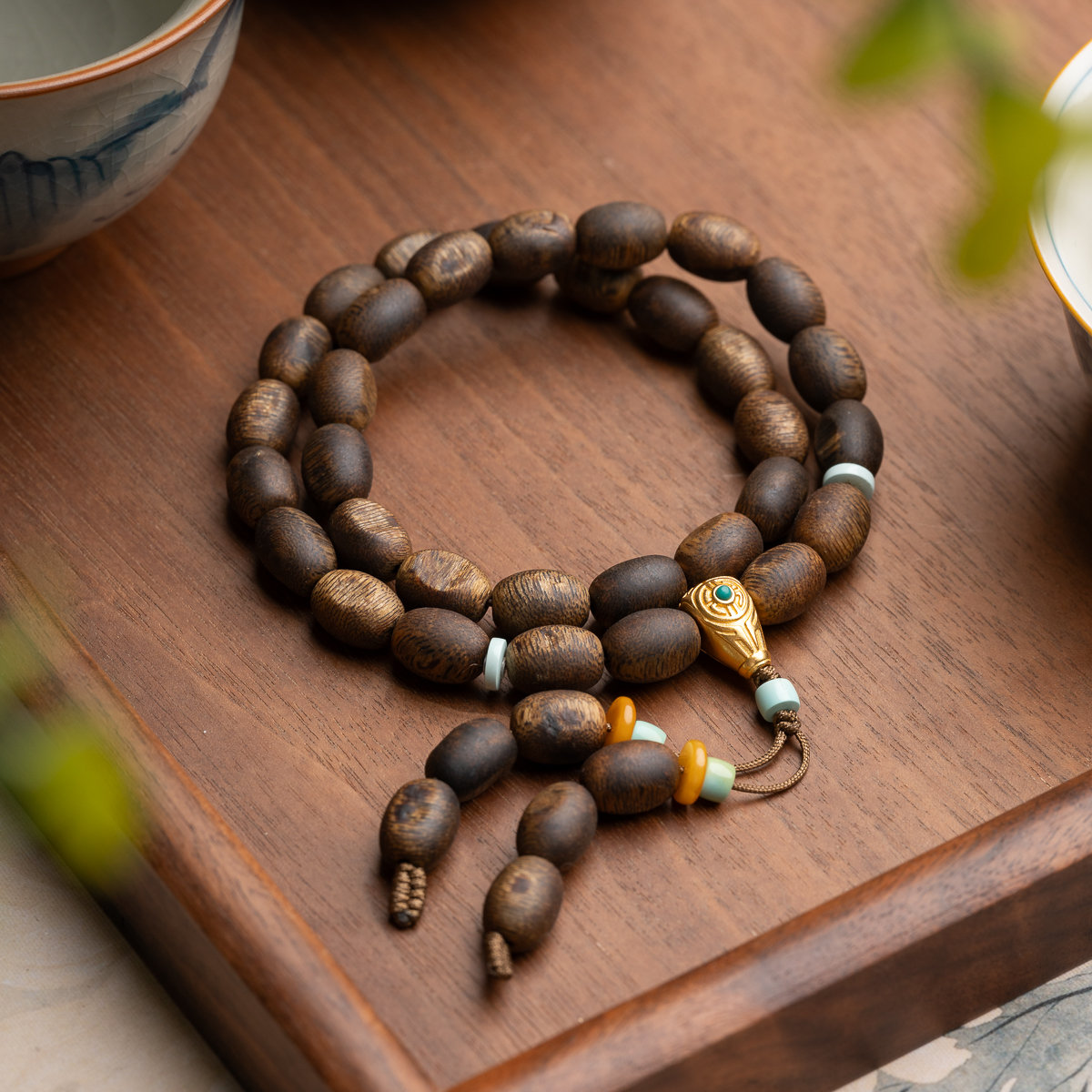 沉香莺歌绿奇楠沉香99分结香随形板头料双圈手串多样性发其一