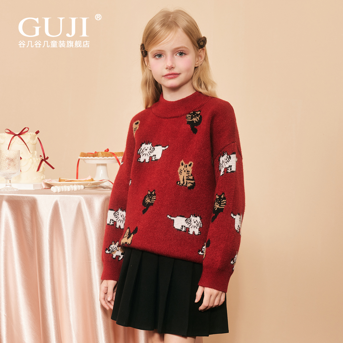 男女童新年圆领毛衣冬装儿童长袖针织衫初中生红色套头打底衫潮