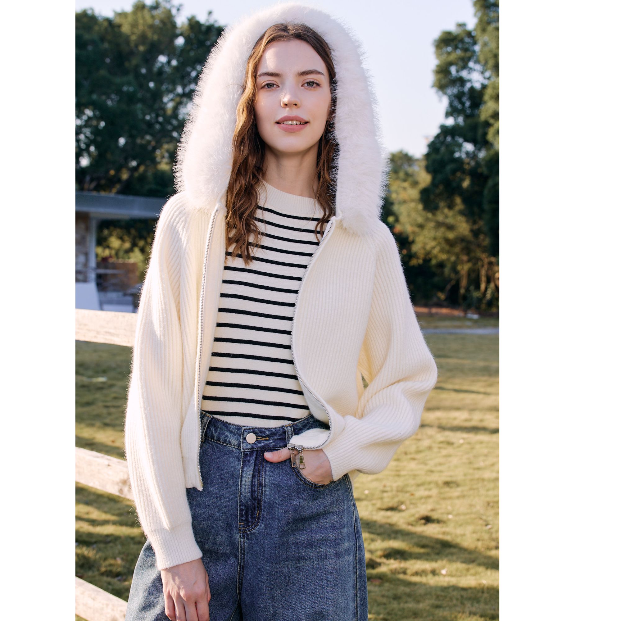 Betu/百图25年冬季新款简约开衫外套圆领长袖通勤针织衫2512X02