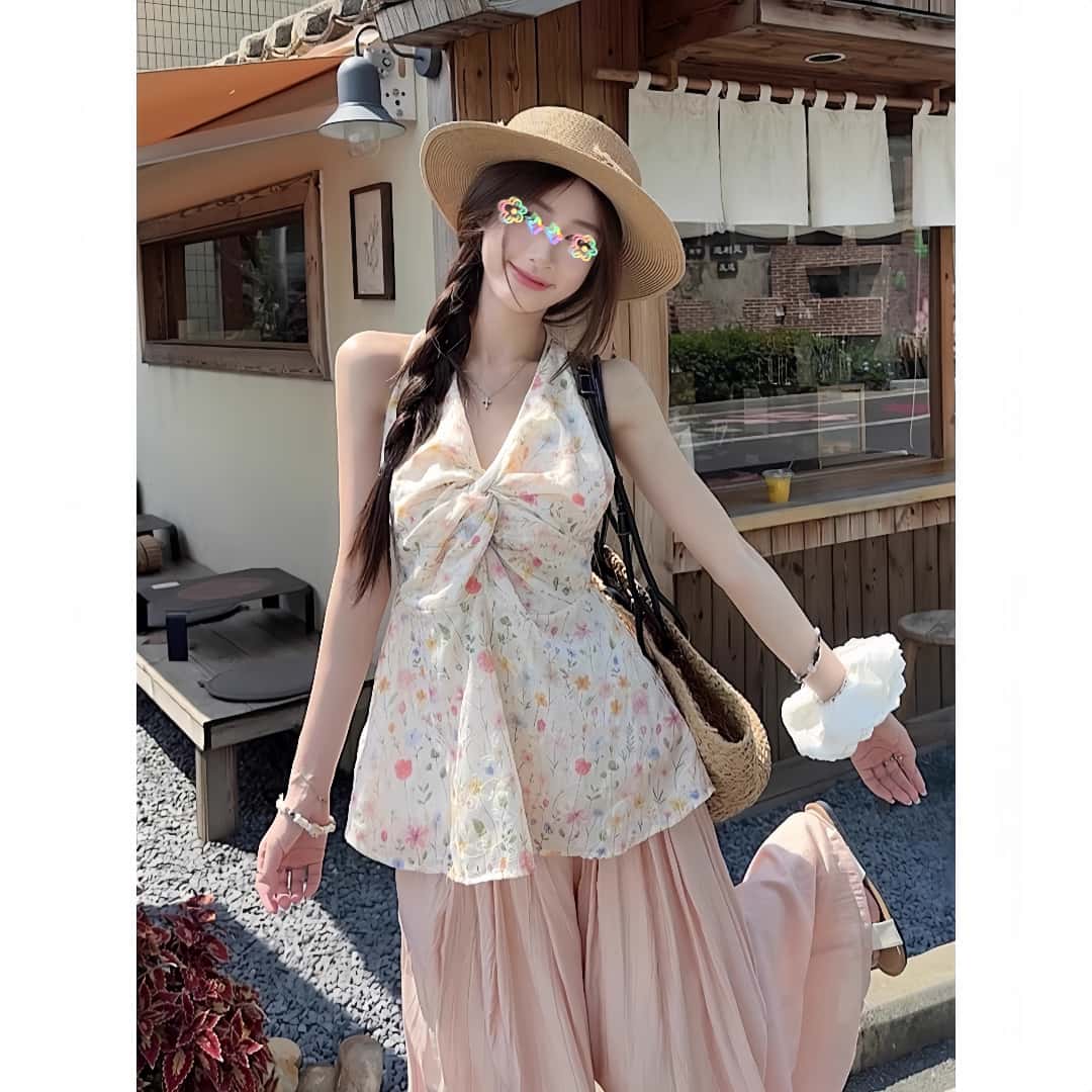 法式挂脖V领扭结碎花吊带背心女夏花卉印花大码胖MM修身无袖上衣