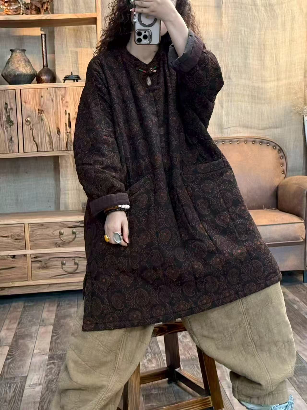 冬季亚麻夹薄棉炒色印花复古中长款水滴旗袍领上衣（长93 胸围140）