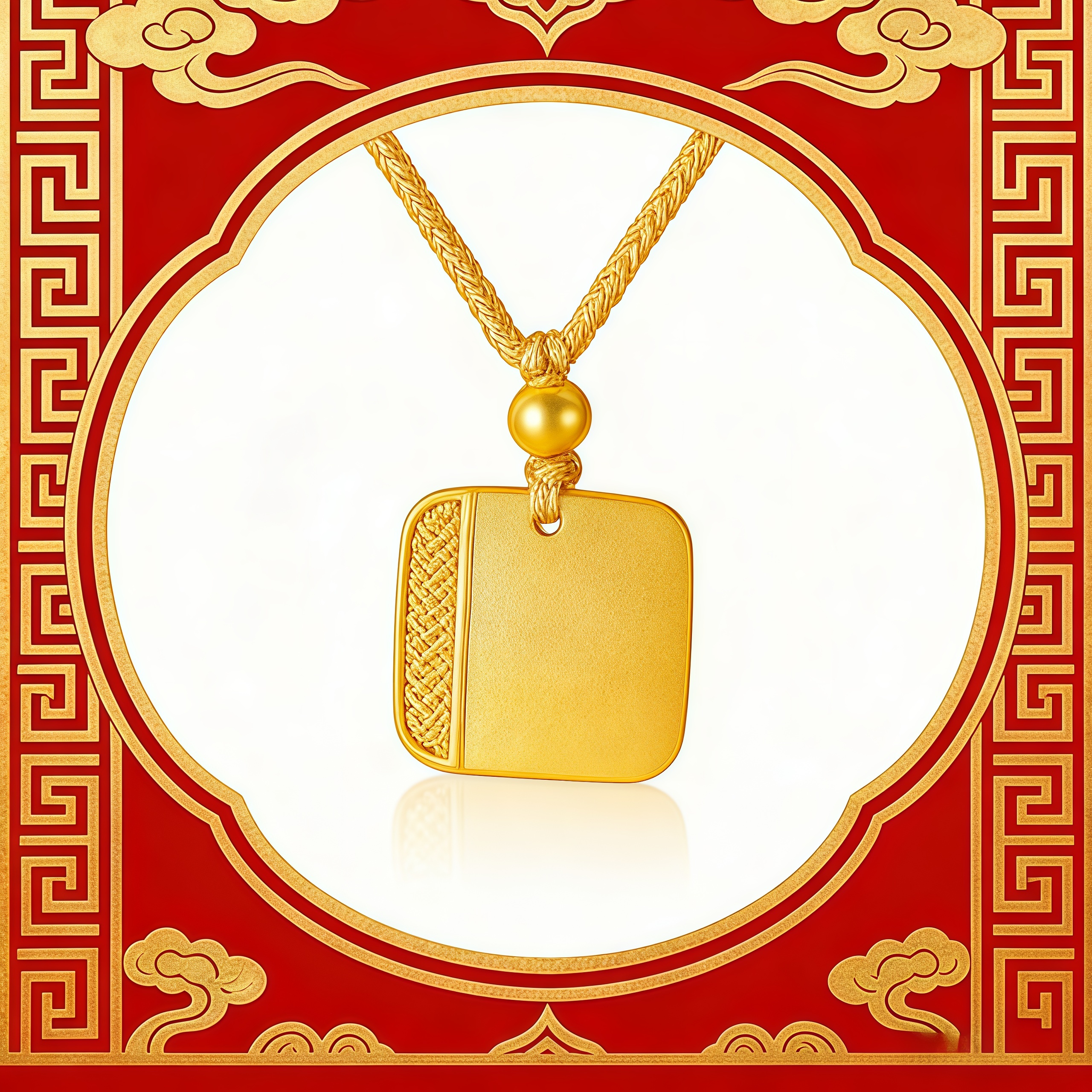 12期免息【中国黄金】雅韵足金方福牌吊坠复古古法挂坠平安赠银链