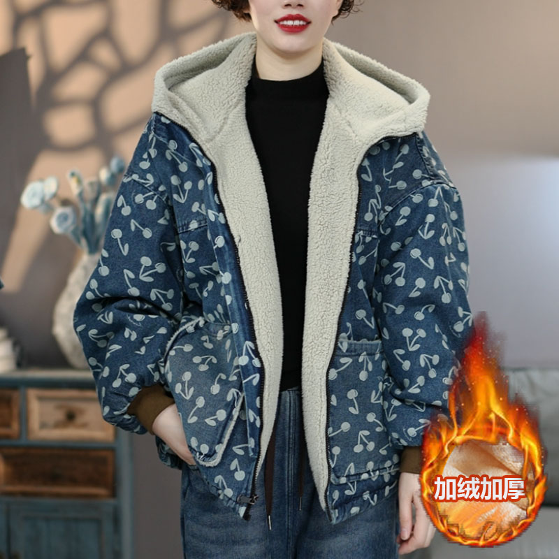 2625蓝色提花连帽加绒牛仔棉衣加厚冬季新款棉服外套宽松时尚
