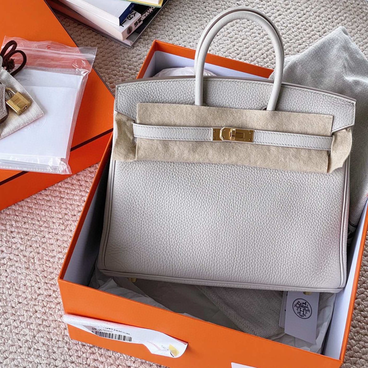 全新未使用 Hermes/爱马仕 birkin25冰川白金扣全新全套CG6-0101