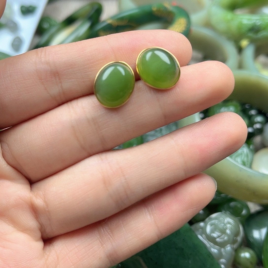 和田玉（碧玉）银S925镶嵌耳饰