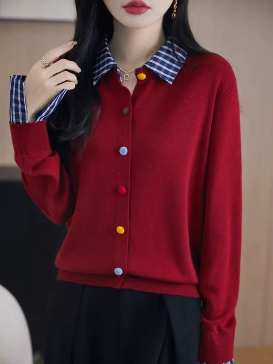 深圳南油早秋py春秋翻领百搭彩色扣毛衣外套长袖拼接毛针织衫针织