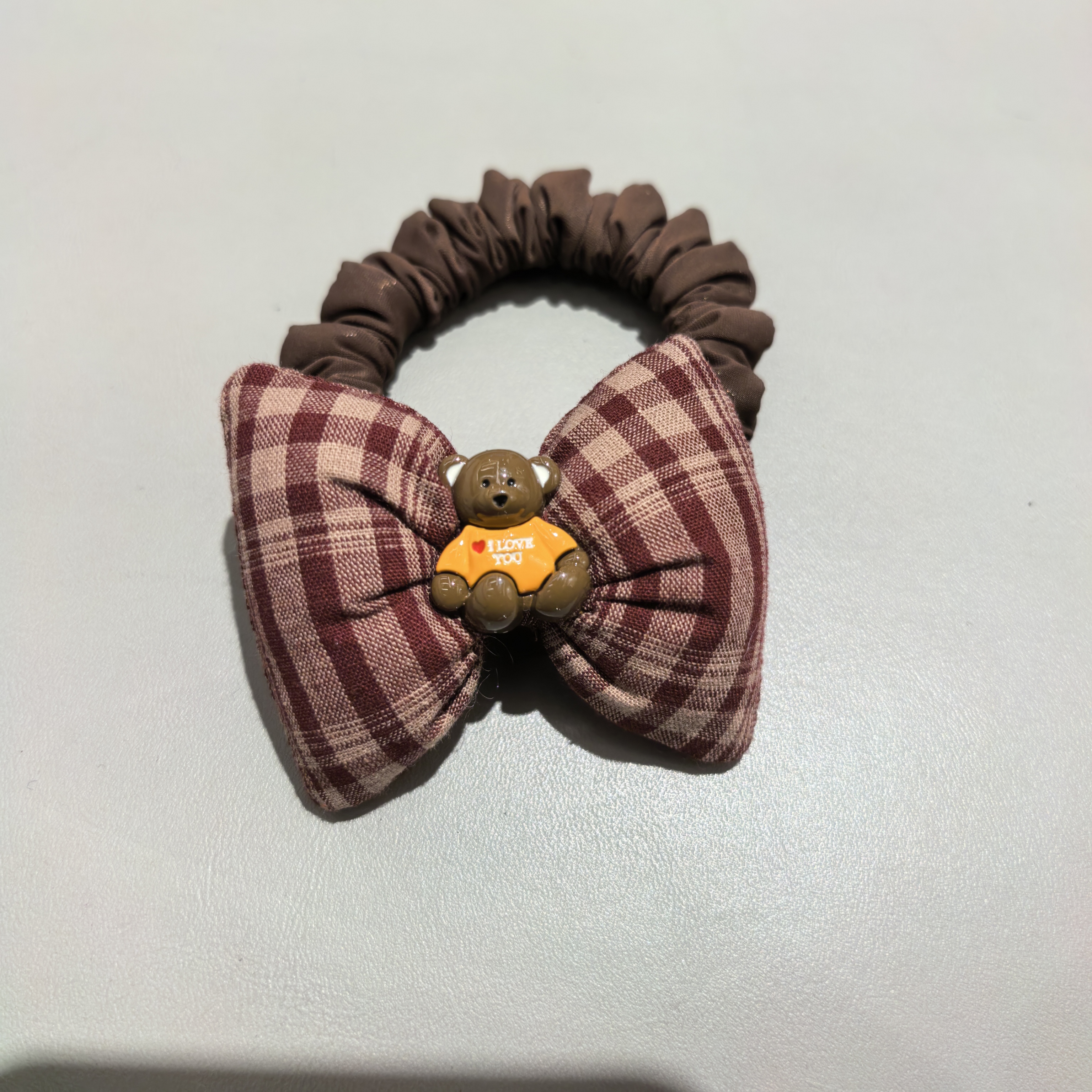 C137黄咖色小熊格子蝴蝶结小枕头发圈