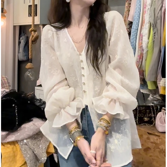 S50324933素拉那里定制法式氛围感微透提花刺绣泡泡袖衬衫衬衣棉