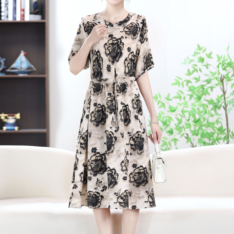 9739-妈妈装时尚夏季休闲连衣裙遮肉显瘦舒适连衣裙【老余】