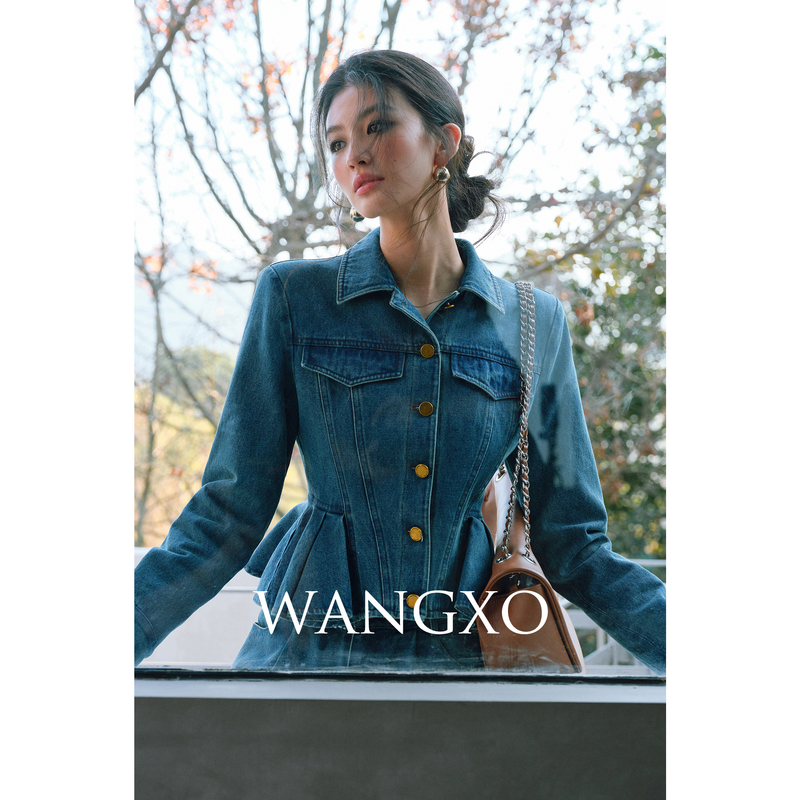 WANGXO 设计感荷叶摆高级复古牛仔套装  2401506W