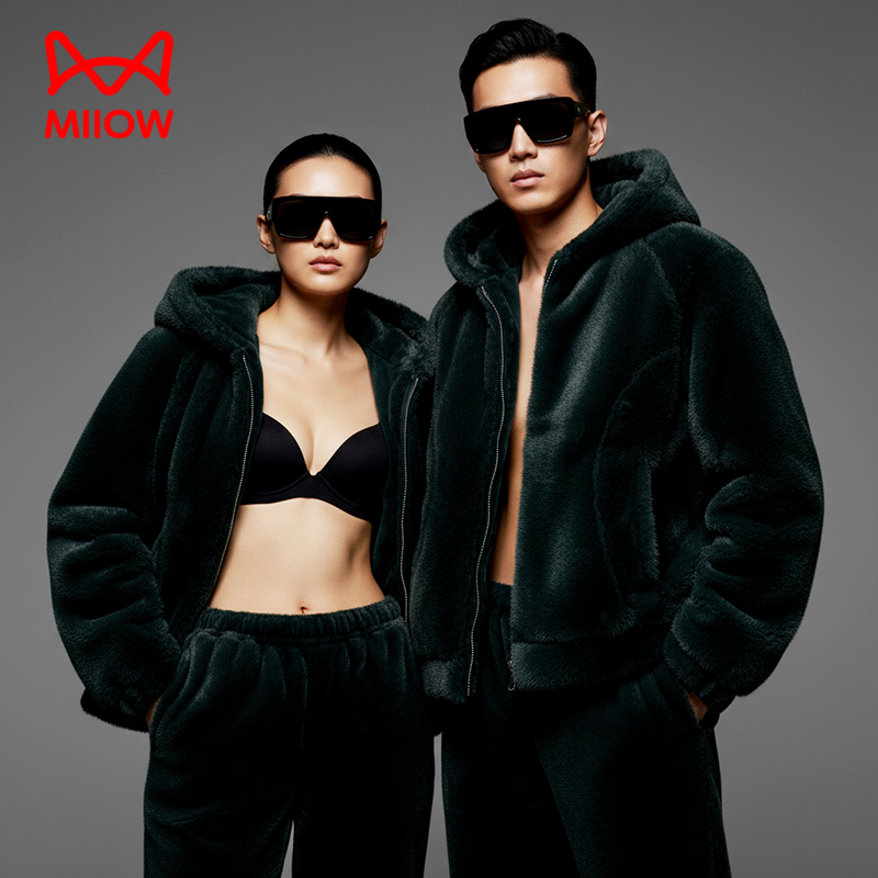 戚薇同款/MiiOW猫人新款睡衣家居服男女同款外穿套装冬季情侣仿貂