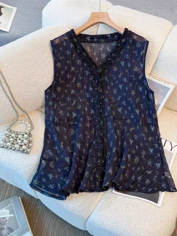 慵懒洋气韩国衬衫2025夏季松弛感时尚V领木耳边单排扣背心女上衣