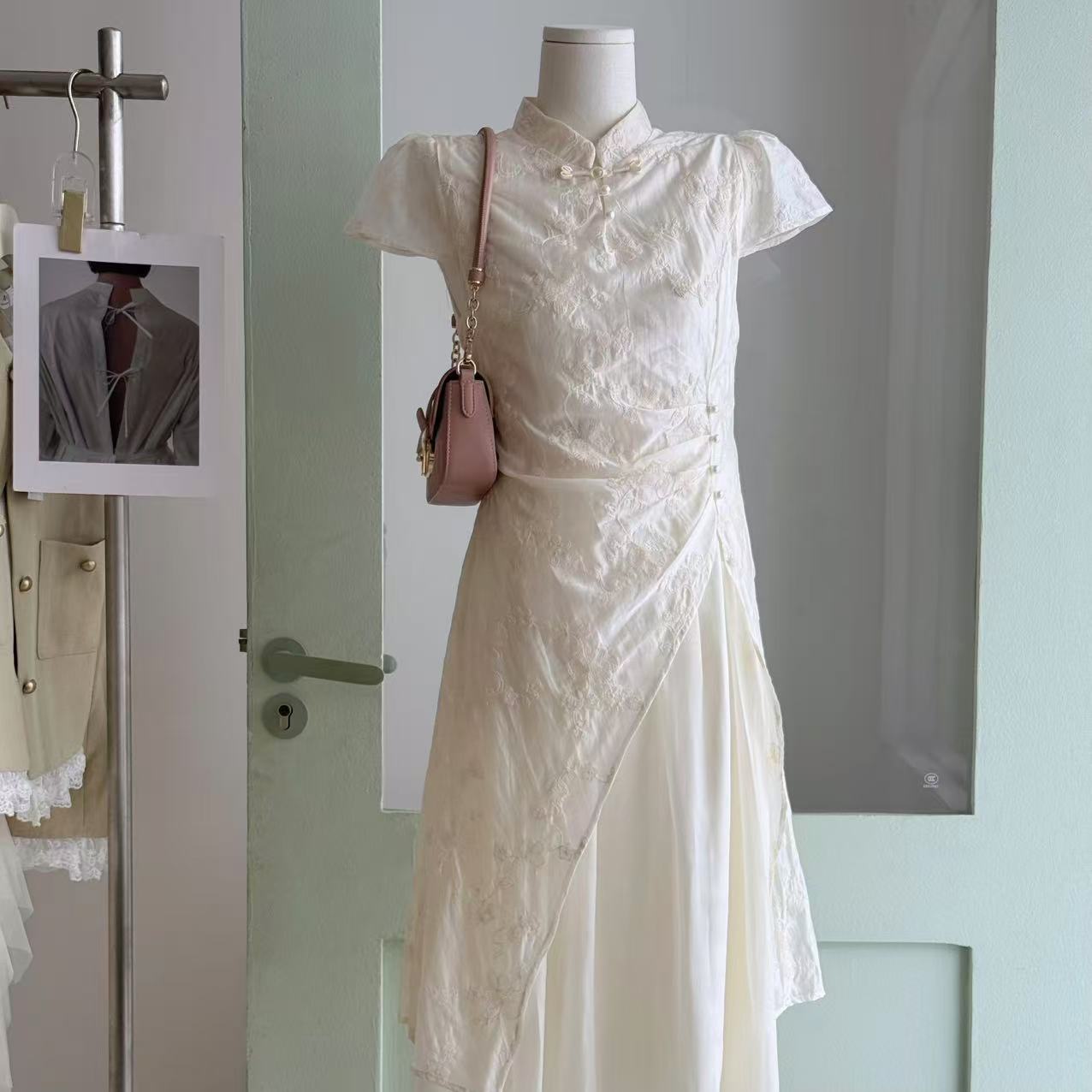 夏季斜襟长裙新中式立领连衣裙旗袍裙日常修身白色裙子法式