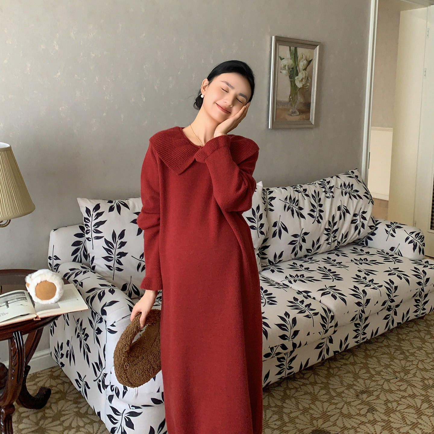 ZMA【翻领小花毛衣裙】圣诞红·孕妇装连衣裙冬季翻领针织毛衣裙内搭