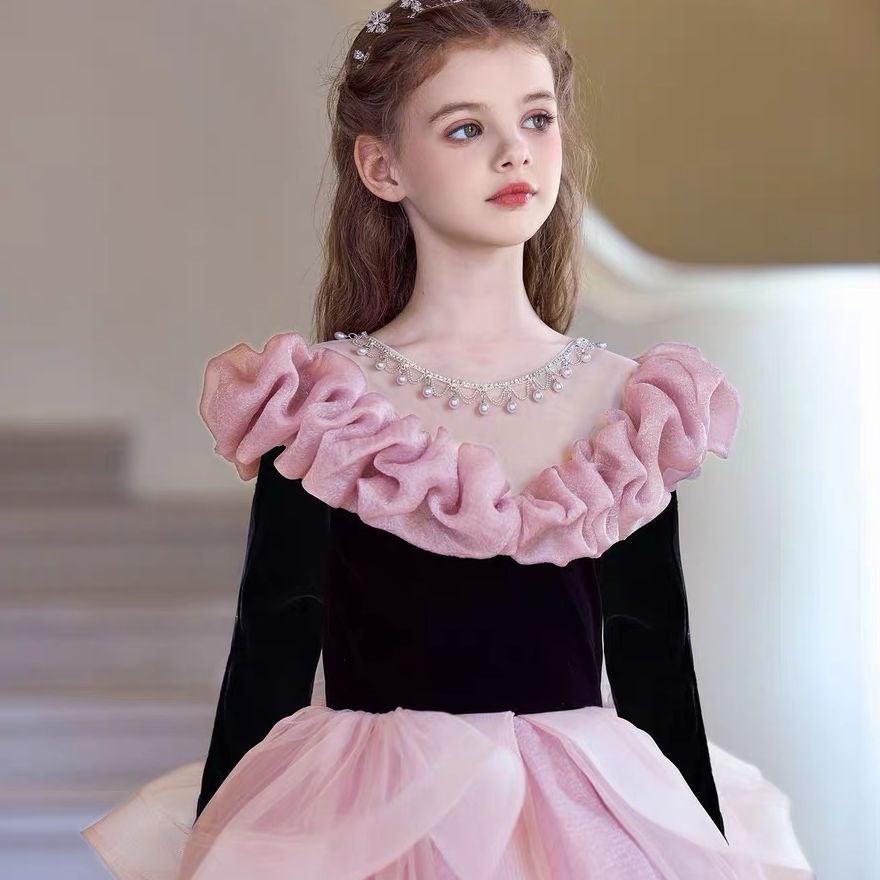 【紫藤】生日走秀表演气质女童长袖长款婚礼女孩花童钢琴公主礼服