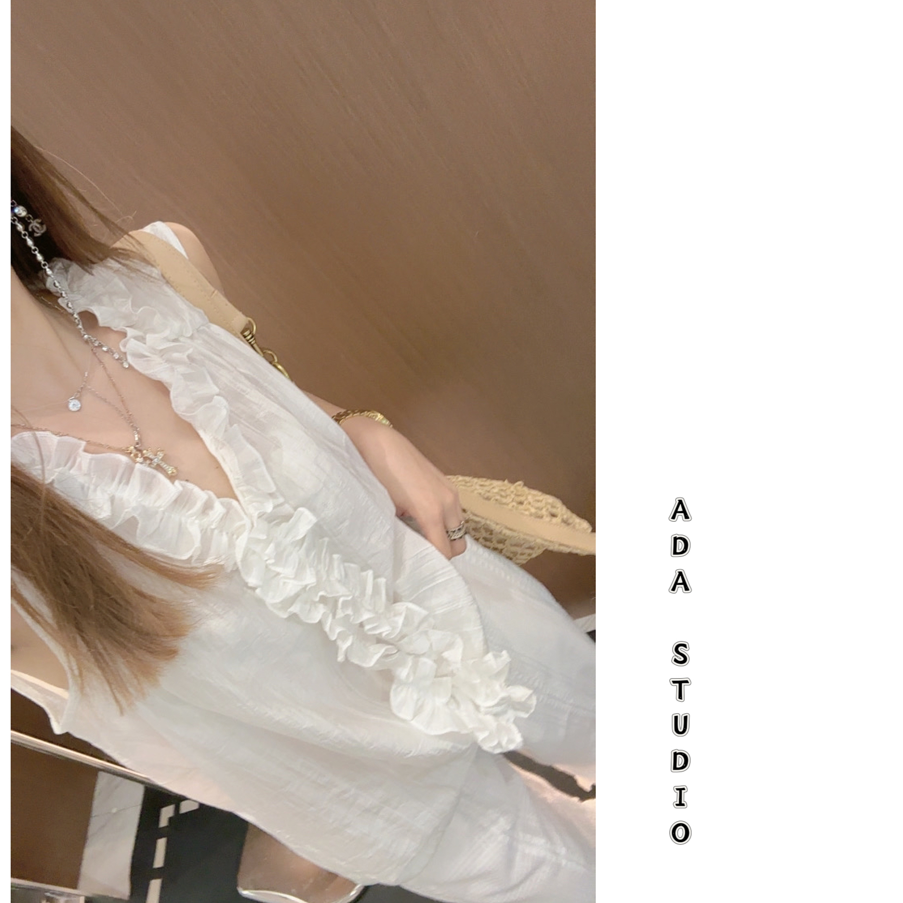 Ada定制【洁白小玉兰】棉荷叶褶皱田园无袖花边背心衬衫上衣