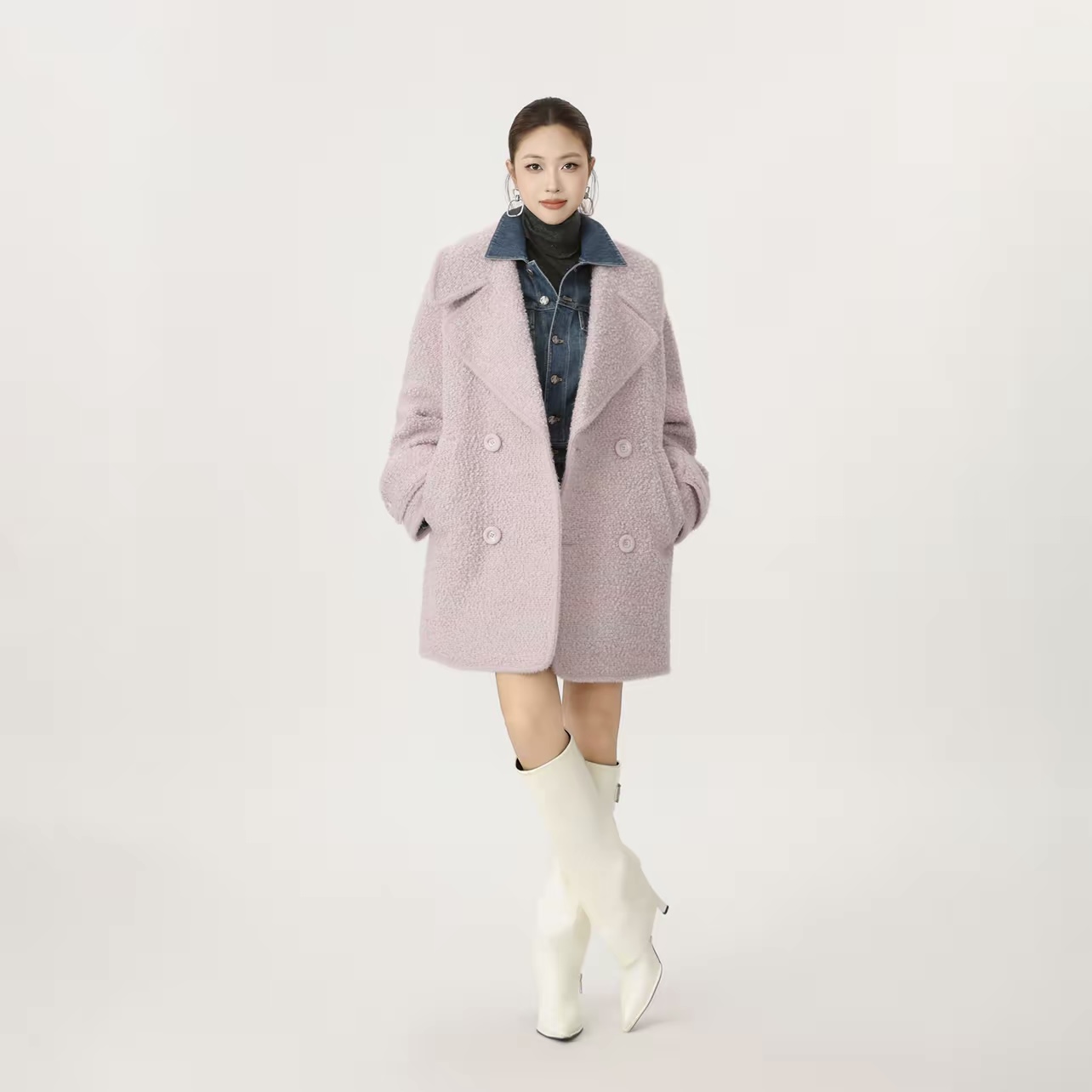 AMASS阿玛施冬季韩系纯欲慵懒风宽松显瘦中长羊毛呢外套5400842