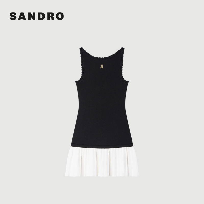 SANDRO2026春季新款撞色拼接压褶裙摆无袖针织连衣裙SFPRO04694