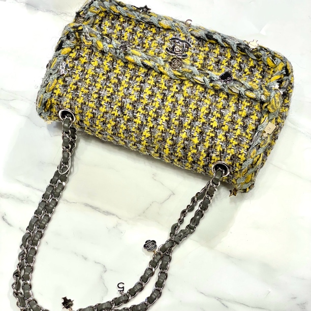 95新 Chanel/香奈儿 夏七中古/限量猫咪徽章毛呢cf单肩包