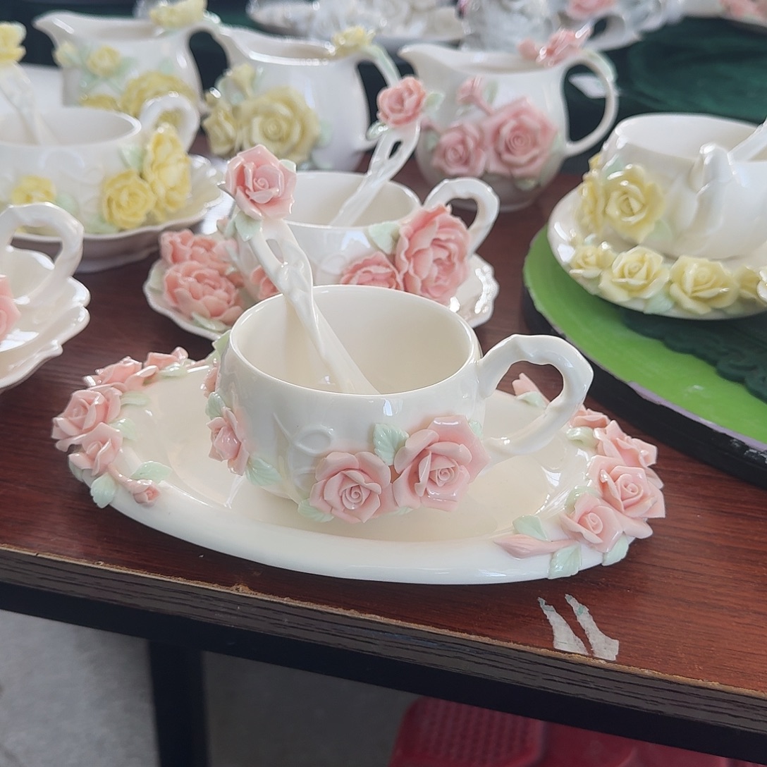 玫瑰花咖啡杯碟加勺子