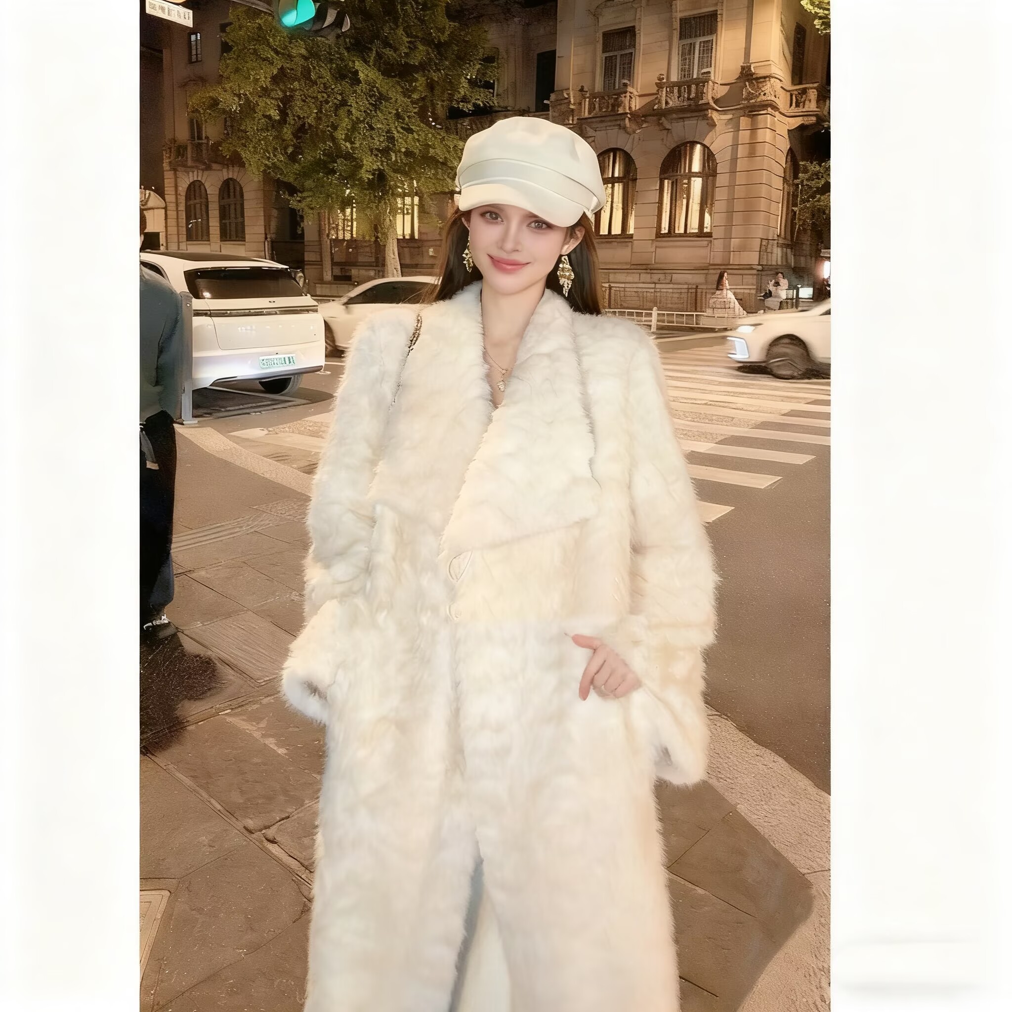 人造皮草 大翻领腰带长款毛毛大衣外套女