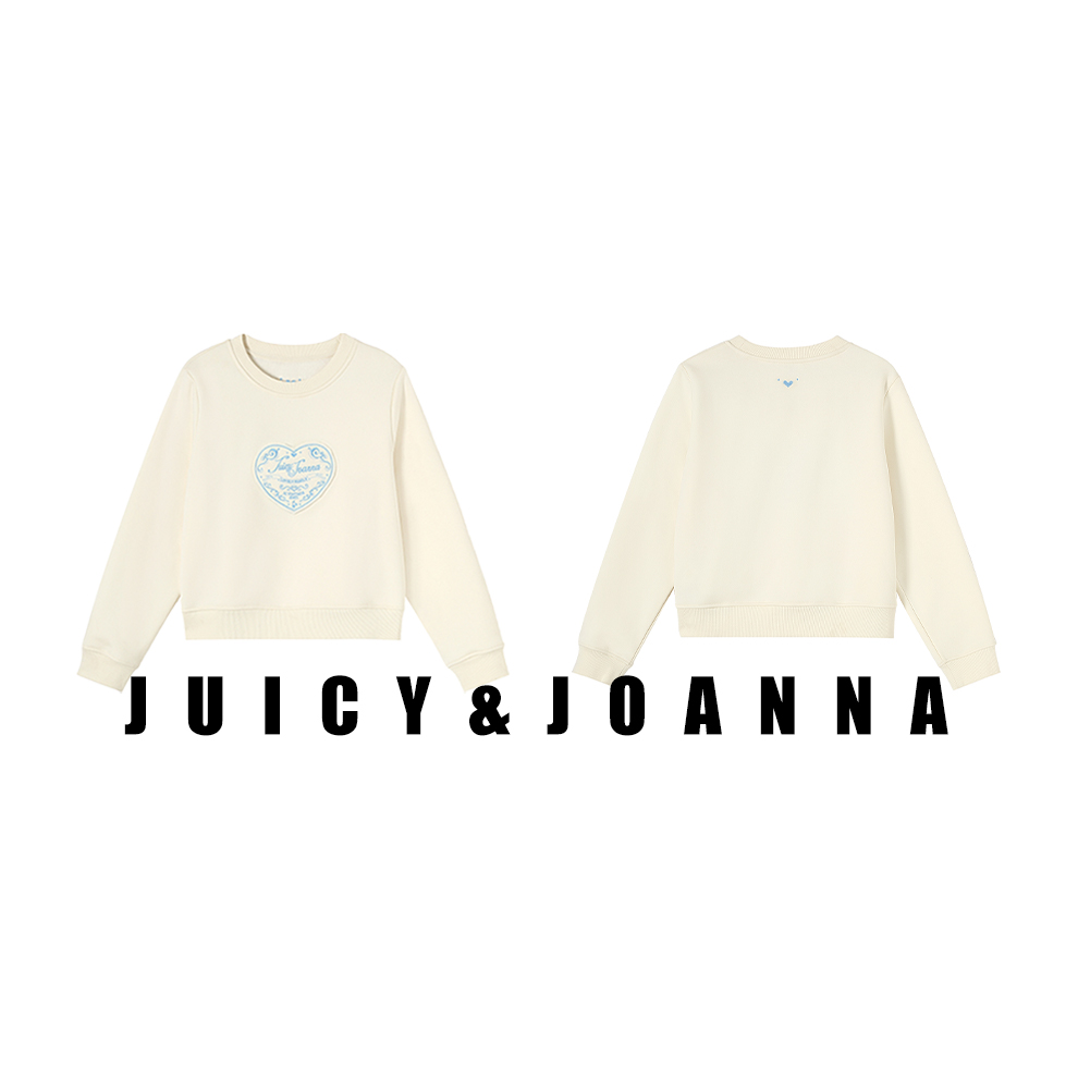 JUICY&JOANNA/橘子樱桃奶呼呼爱心贴布绣圆领套头加绒卫衣 
