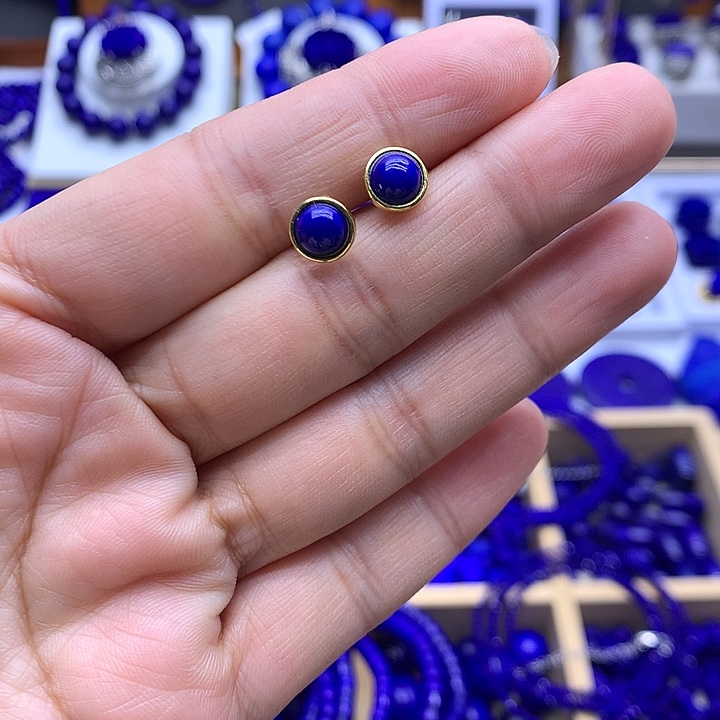 青金石耳钉银S925镀金镶嵌