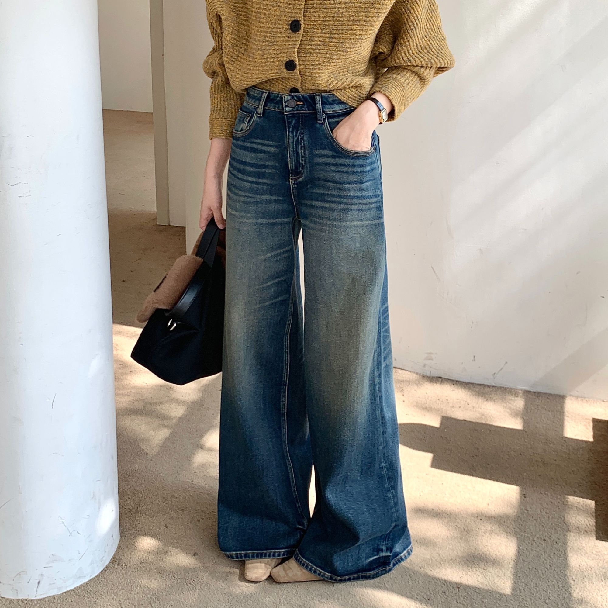 TT03【煦】2025冬季新款复古休闲水洗直筒牛仔裤女高端宽松阔腿裤