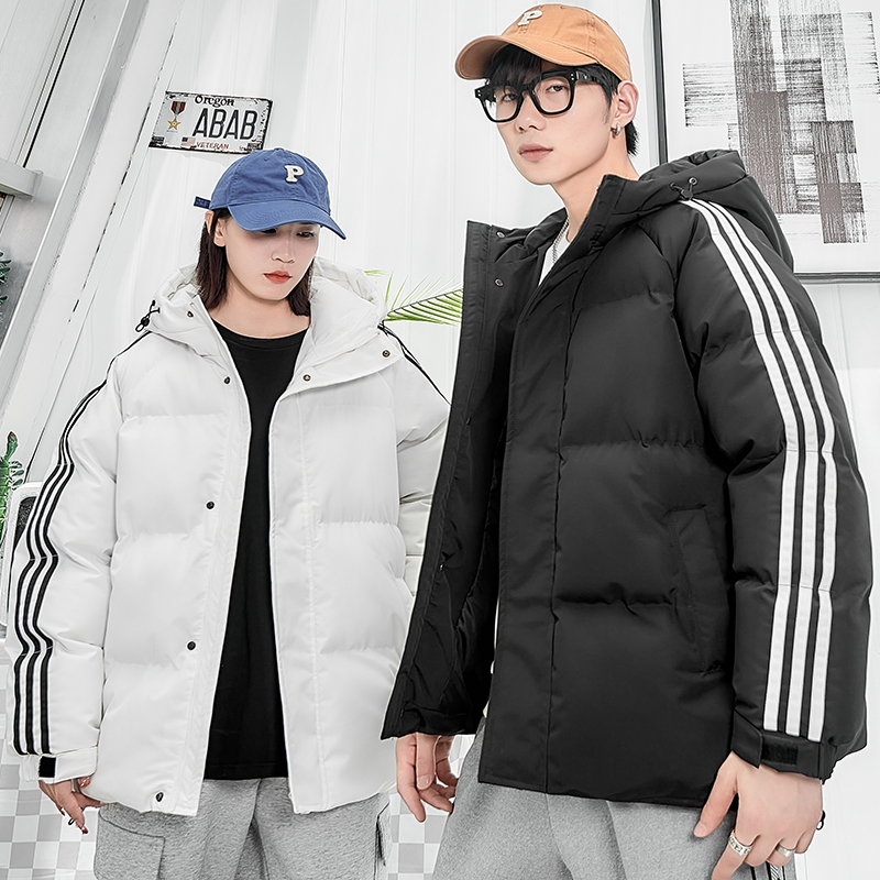 男女同款冬季加厚棉衣棉服宽松条纹情侣短款棉袄保暖连帽外套