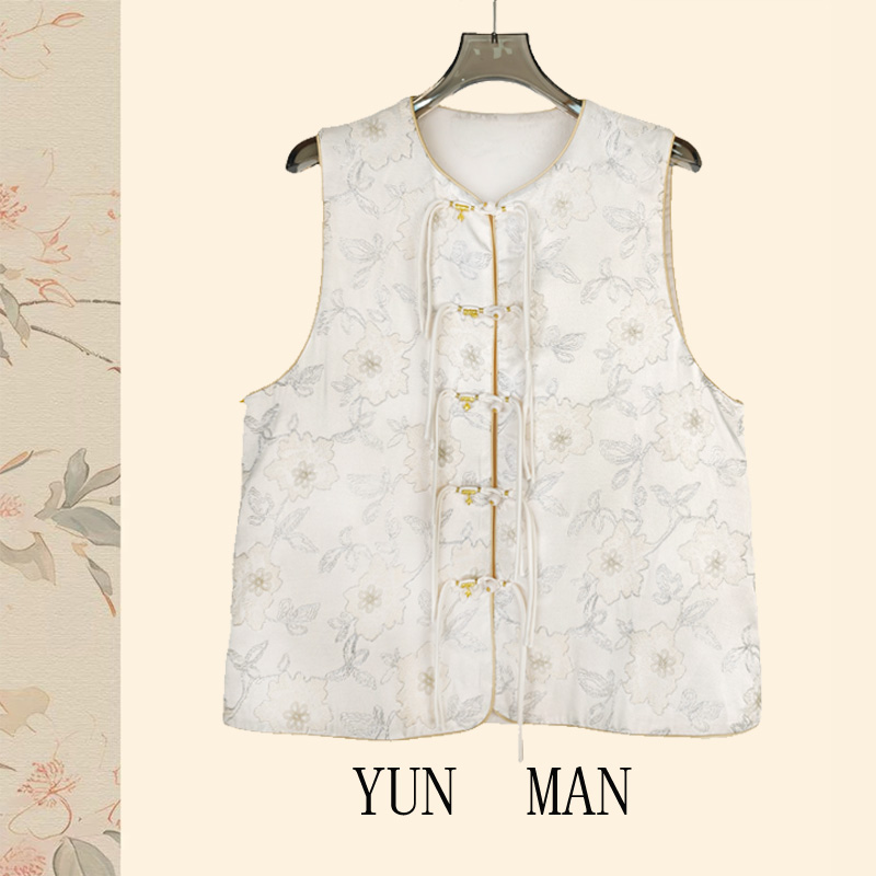 国风新中式手工编盘扣重工刺绣圆领女士马甲T010