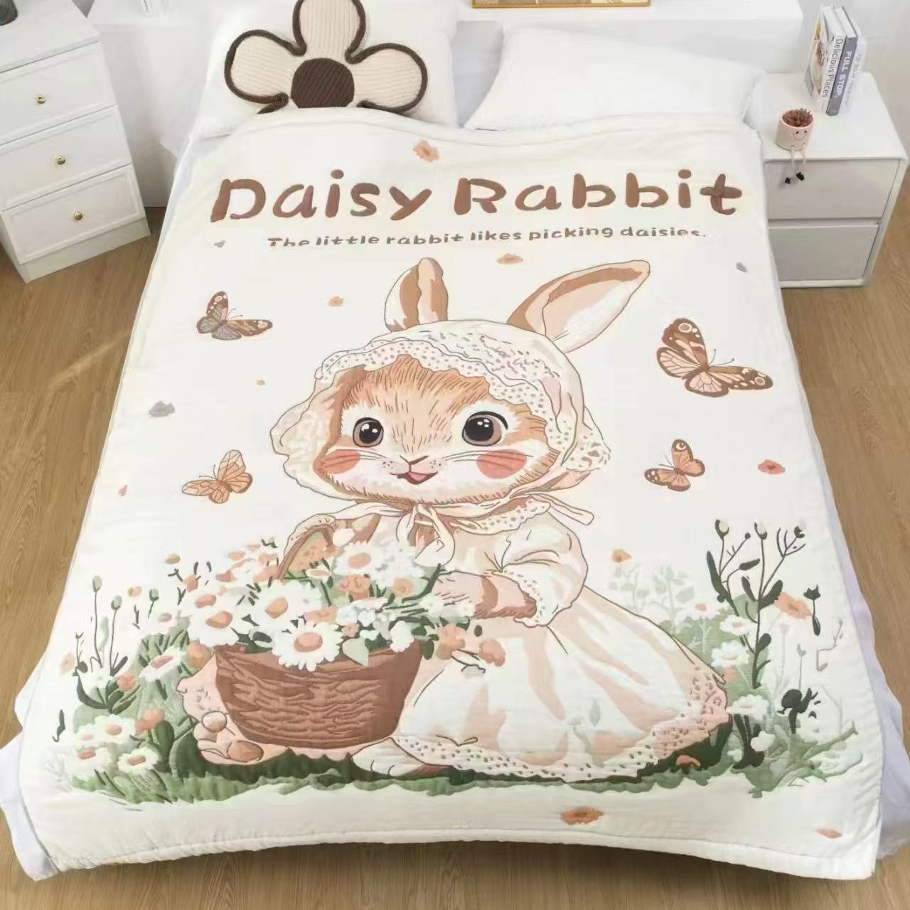 【蝴蝶花篮兔】150*200cm A类全棉纱布牛奶泡芙被