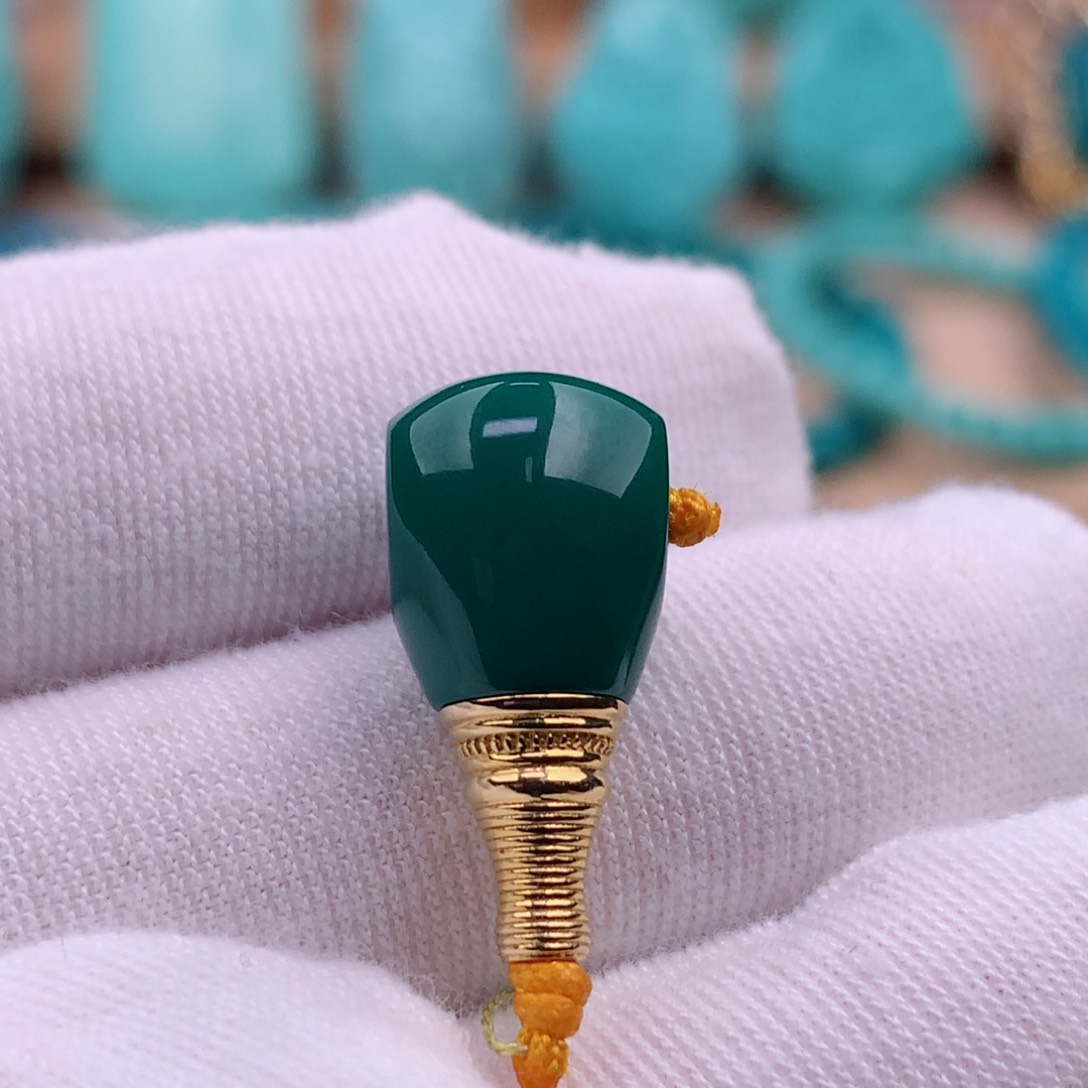 绿松石珠宝奇石18K金镶嵌9.6mm金塔三通