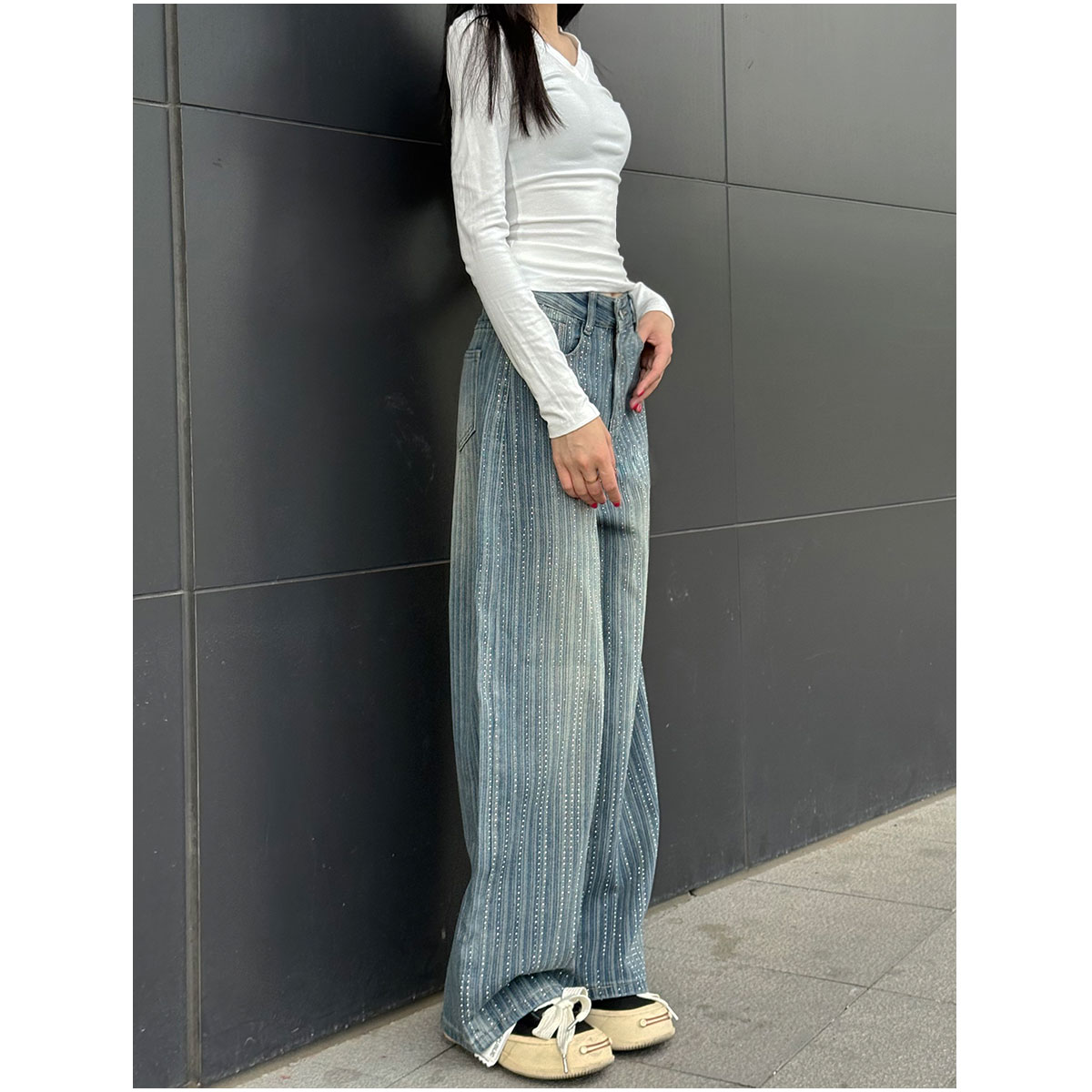 巴黎风烫钻爆闪牛仔女小众重工宽松显瘦设计感千禧满天星阔腿裤