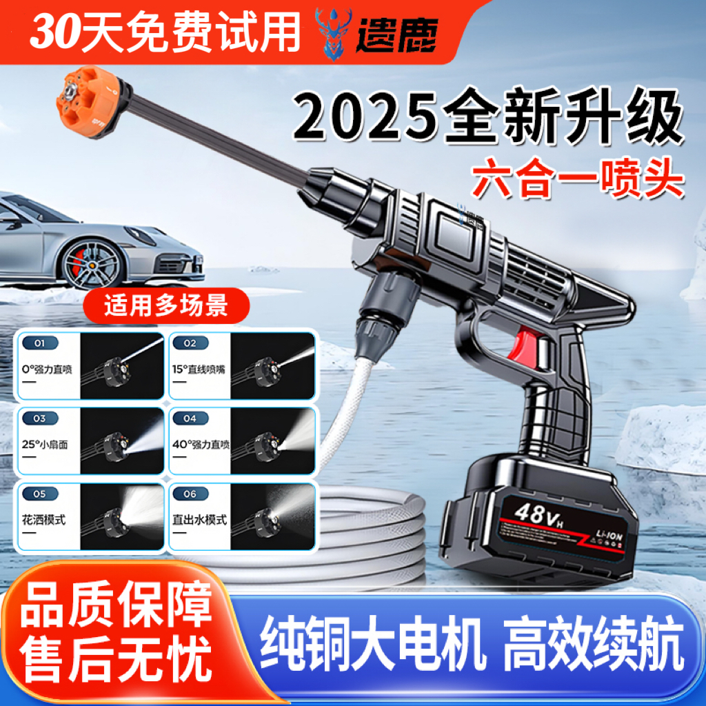 【超长续航】锂电高压水枪家用六合一洗车机无线大功率电动水枪多用