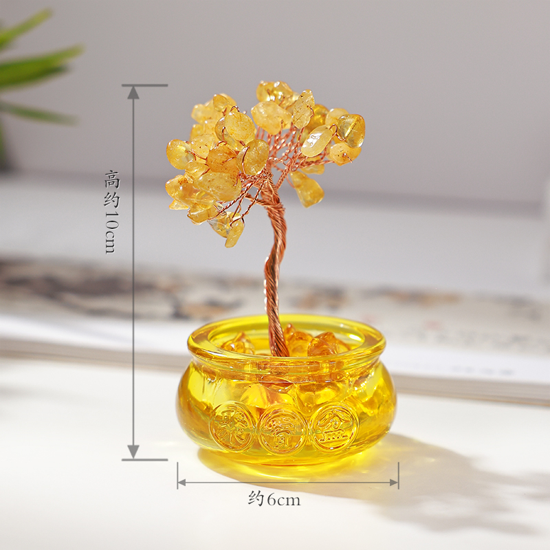 天然黄水晶聚宝盆发财树摆件