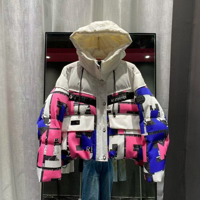 羽韩版宽松显瘦短款字母撞色加厚女装冬季外套