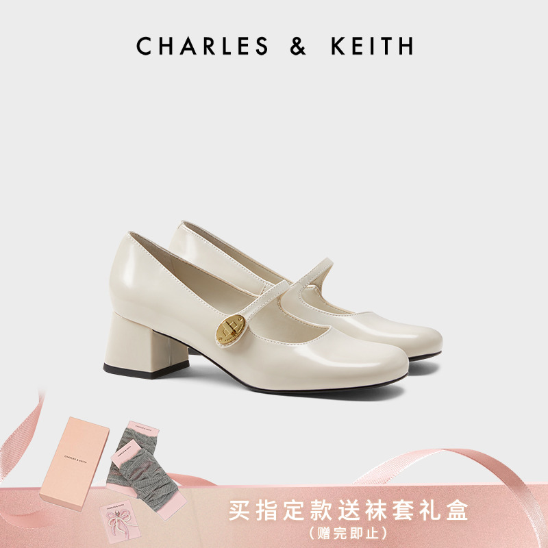 CHARLES & KEITH法式粗跟金属扣玛丽珍女鞋简约百搭CK1-60280433