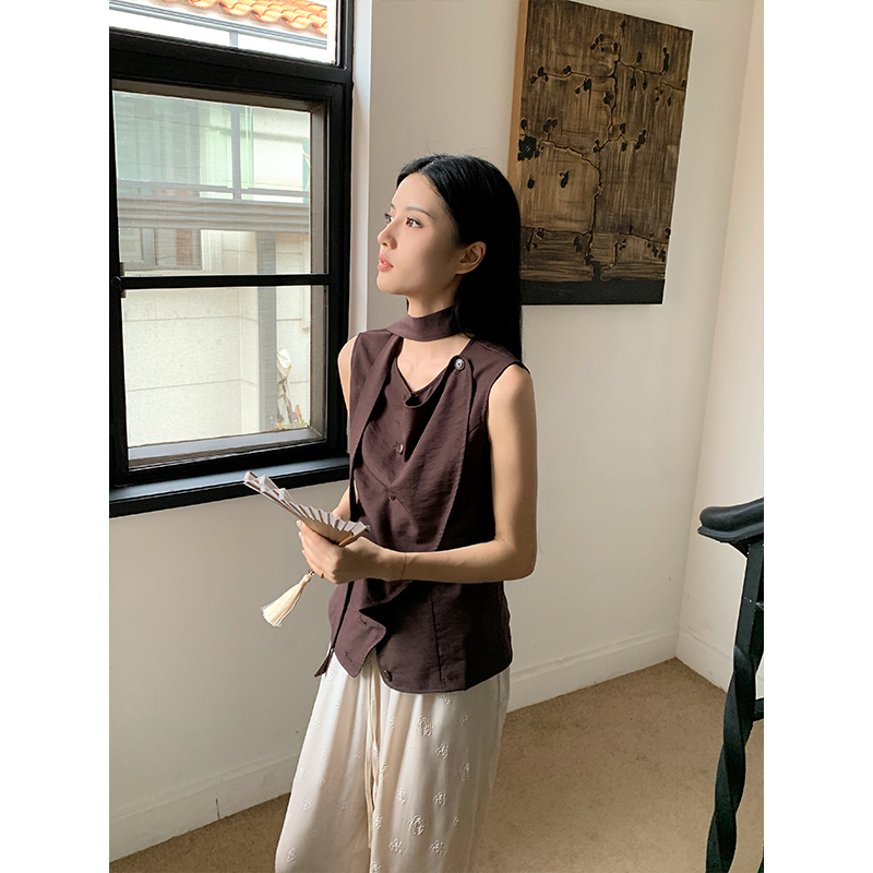 VIMORE 未沫 飘带设计感小众背心夏季无袖T恤不规则圆领上衣女