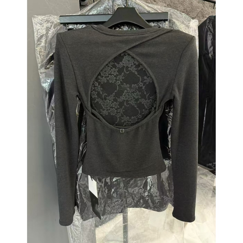 2025秋冬磨毛新款后背蕾丝拼接设计感长袖T恤修身圆领打底女上衣