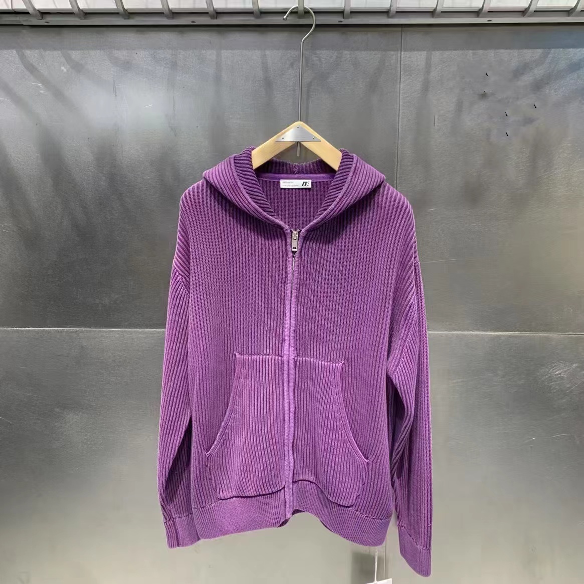 连帽毛衣 坑条纹帽衫开衫 紫色针织衫 做旧洗水纯棉