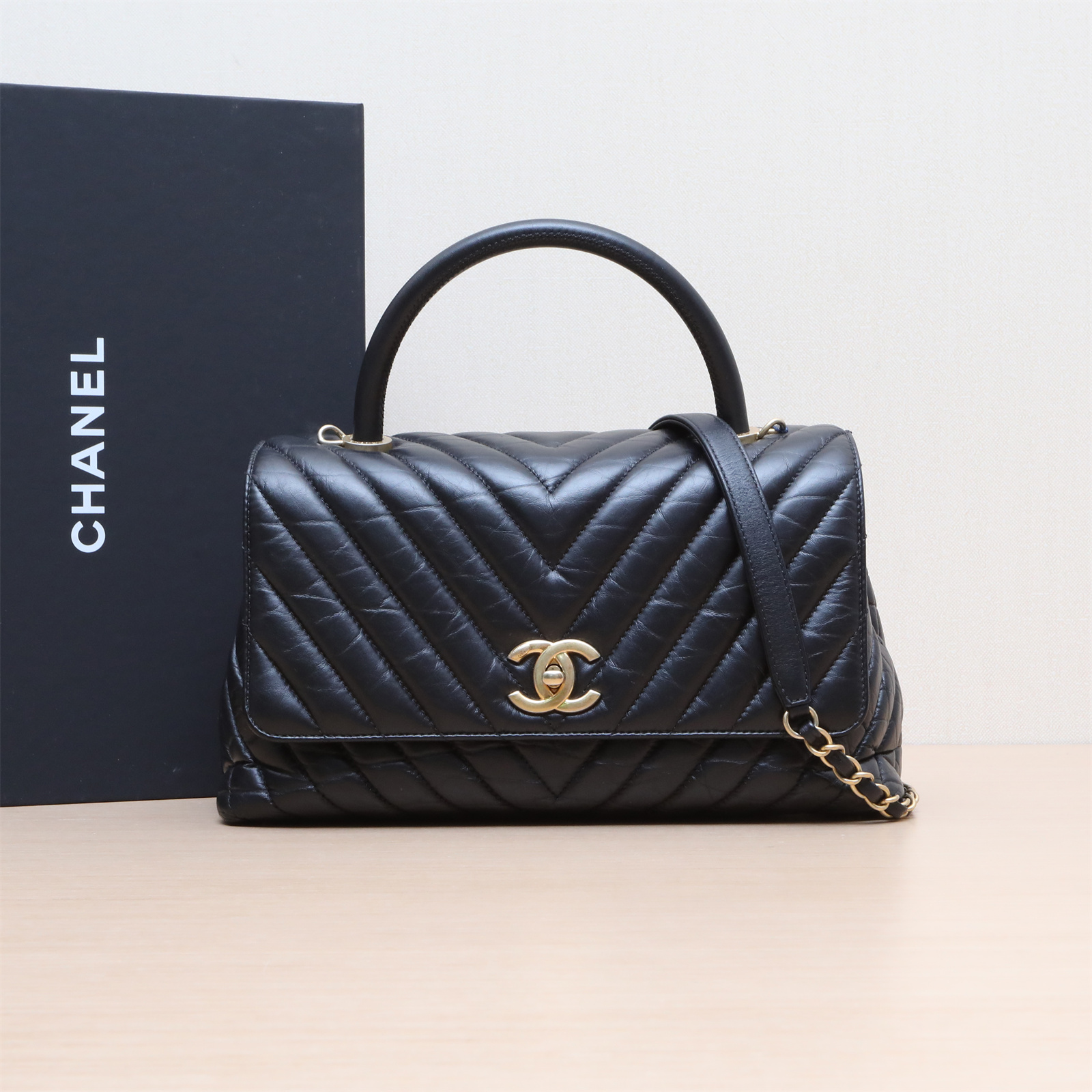 95新 Chanel/香奈儿 小花双双 CocoHandle 中号 黑色 皮革S 26开