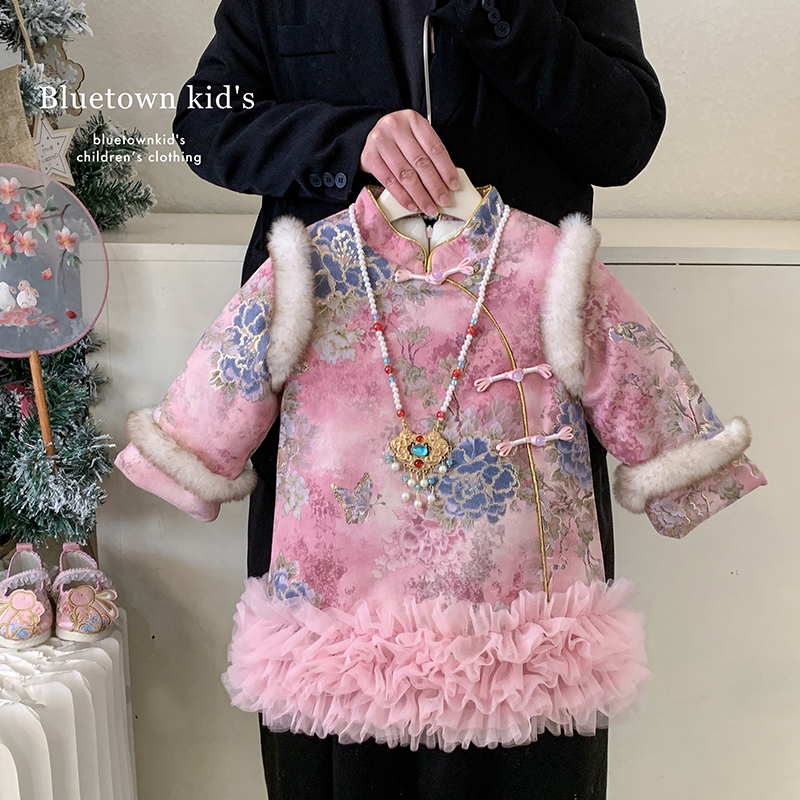 24冬”留梦香雪"女童新中式花朵加绒连衣裙拜年服24D086