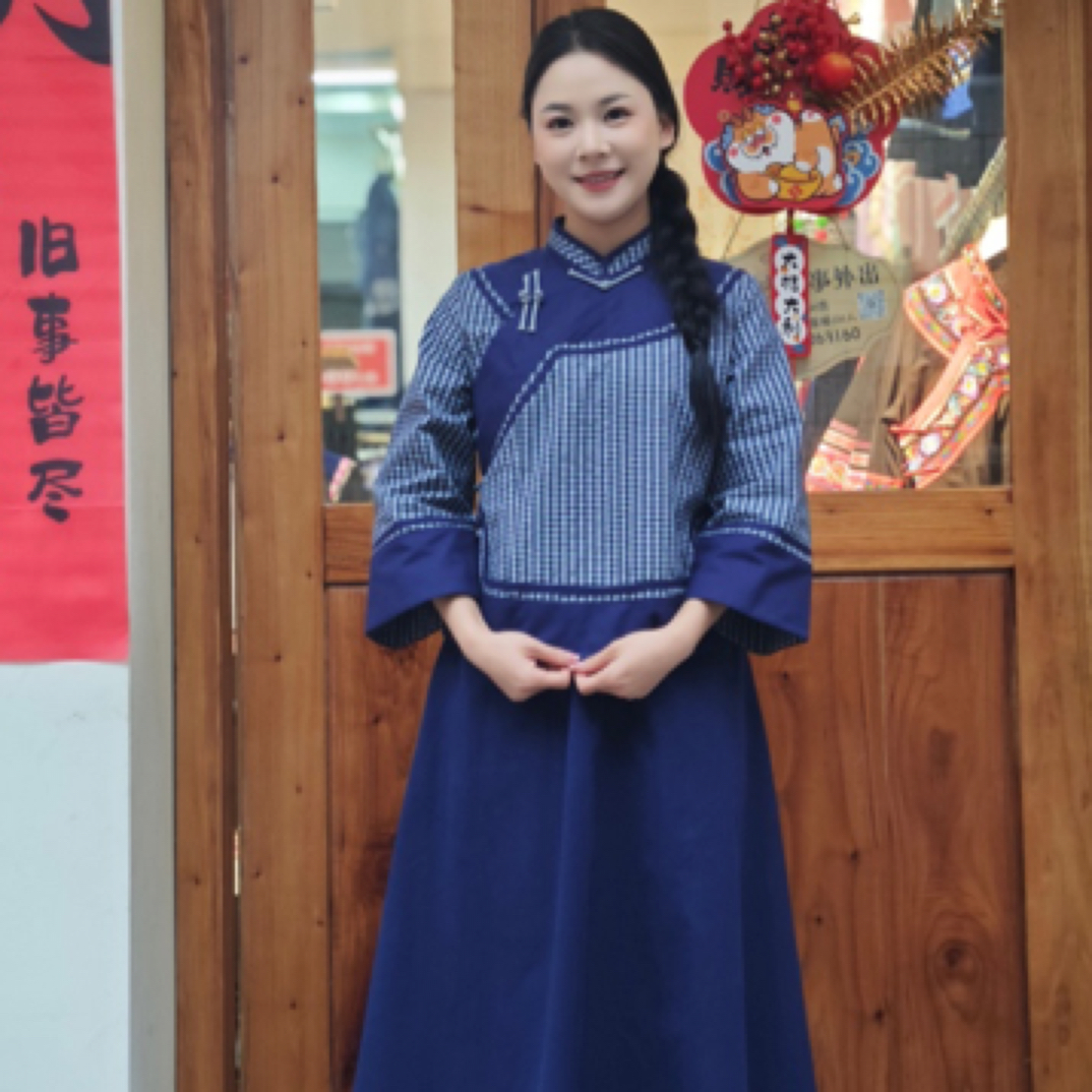 壮族布依族手工土布藏青色格子套装 女 包邮
