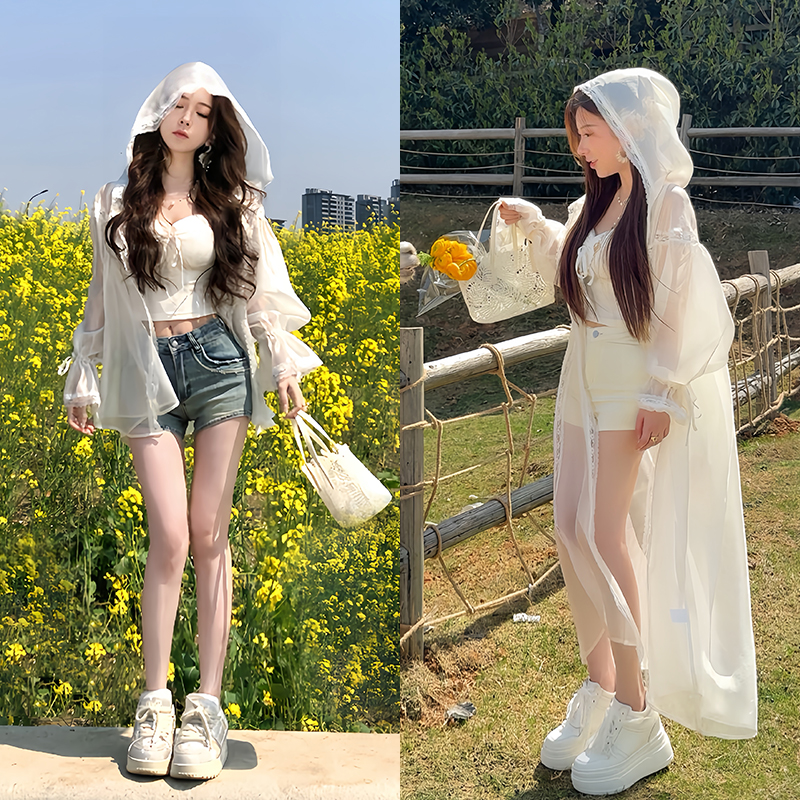 小雨姐姐夏款【白馥防晒】时尚设计感法式休闲蕾丝拼接连帽防晒上衣