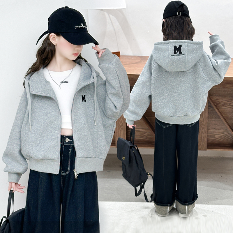 女童外套春秋装2025新款大童洋气休闲上衣儿童秋季女孩连帽拉链衫